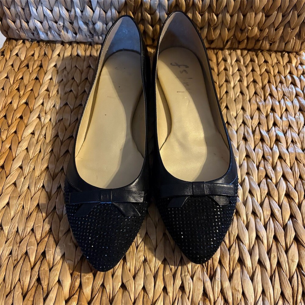 French Sole FS/NY Karma Ballet Flats Womens 8.5 Black Rhinestone Bow Toe